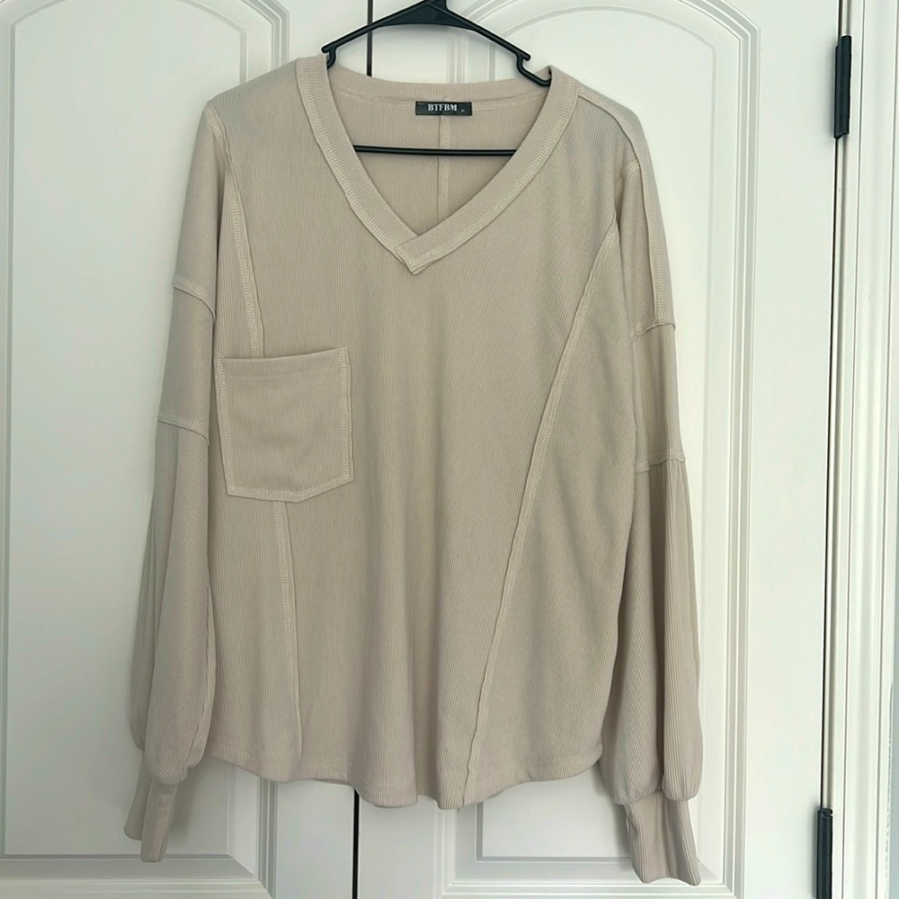 Casual V Neck Ribbed Knitted Shirts Pullover Tunic Loose Balloon Sleeve Blouses